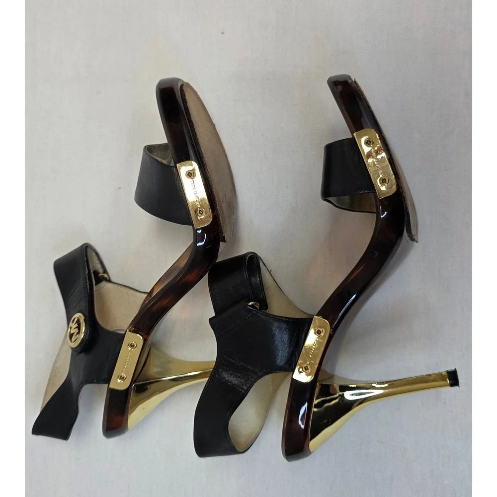 Michael Kors Black Leather Tortoise Shell Gold‎ Stiletto Sandals Heels Womens